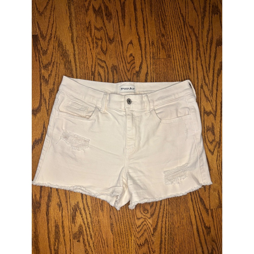 Studio Blue White Distressed Denim Shorts Raw Hem Summer Casual Womens